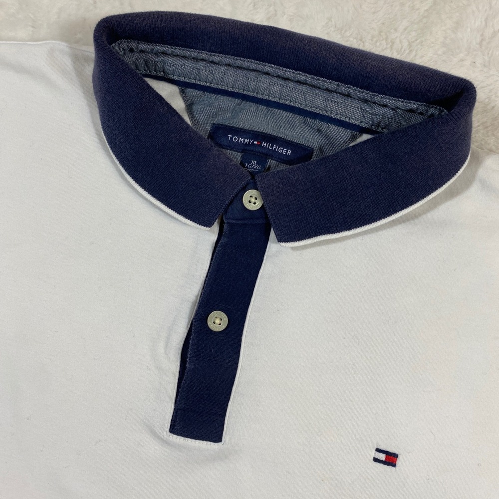 Tommy Hilfiger Men's Polo Shirt White Navy Blue Short Sleeve XL Preppy Nautical